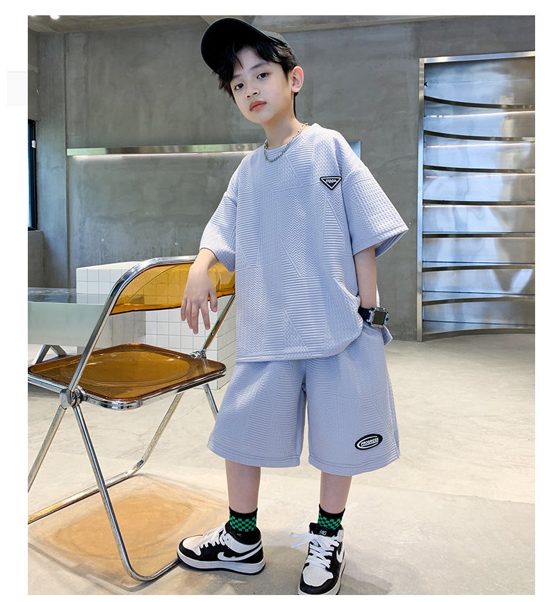 Boys Summer Sports Suit 2023 Big Boy Cool T-shirt Half-length Pants Korean Casual Two-piece Fashionable Set Grey