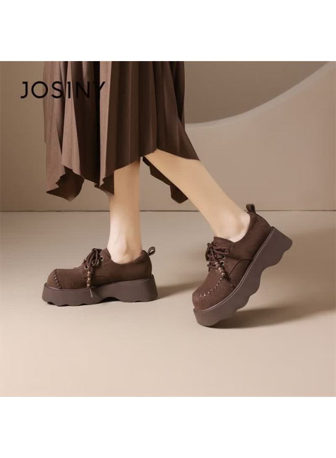 Josiny Zhuoshini Women's Small Leather Shoes Winter British Style Birkenstock Full Coverage Retro Beaded Loafers Coffee Color Size 39 - Image 5