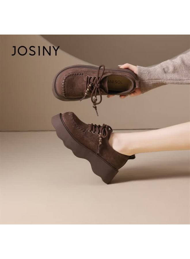 Josiny Zhuoshini Women's Small Leather Shoes Winter British Style Birkenstock Full Coverage Retro Beaded Loafers Coffee Color Size 39 - Image 1