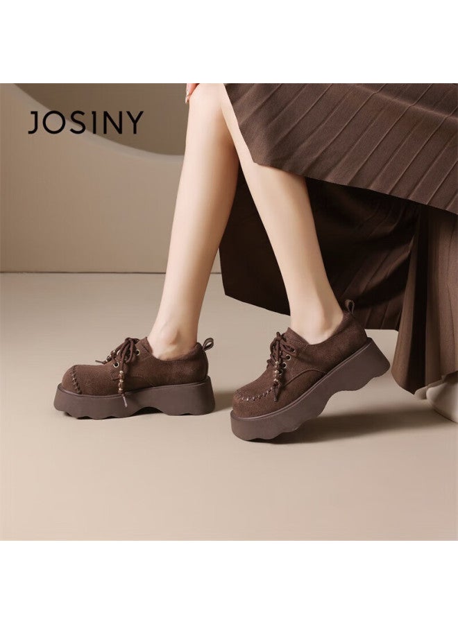 Josiny Zhuoshini Women's Small Leather Shoes Winter British Style Birkenstock Full Coverage Retro Beaded Loafers Coffee Color Size 39 - Image 4