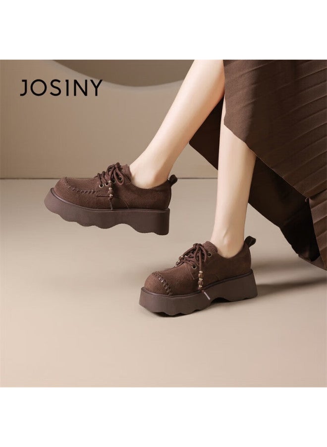 Josiny Zhuoshini Women's Small Leather Shoes Winter British Style Birkenstock Full Coverage Retro Beaded Loafers Coffee Color Size 39 - Image 3