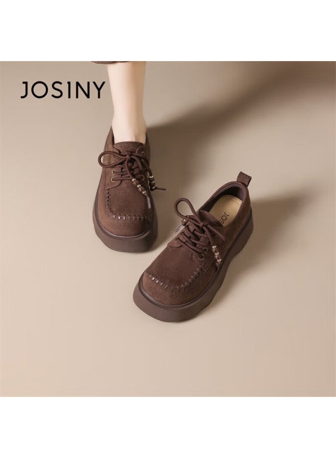 Josiny Zhuoshini Women's Small Leather Shoes Winter British Style Birkenstock Full Coverage Retro Beaded Loafers Coffee Color Size 39 - Image 2