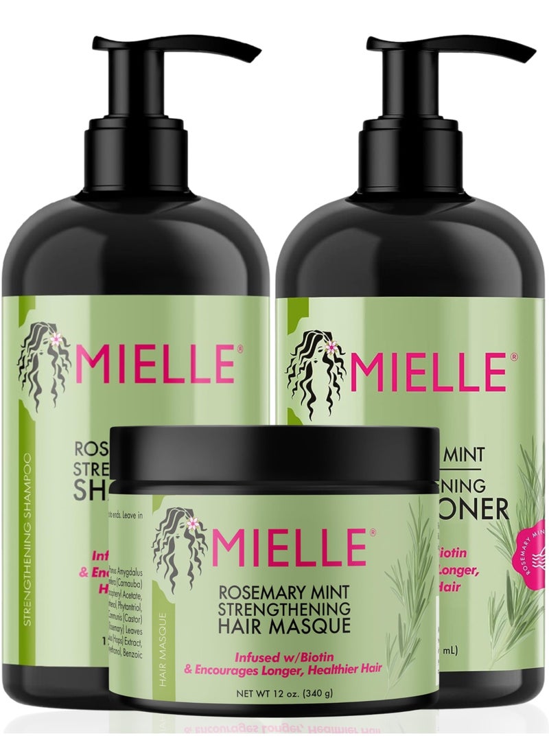 MIELLE Organics Rosemary Mint Strengthening Set - Shampoo, Conditioner, Hair Mask - Infused With Biotin, Cleanses And Helps Strengthen Weak And Brittle Hair 1050ml - Image 1