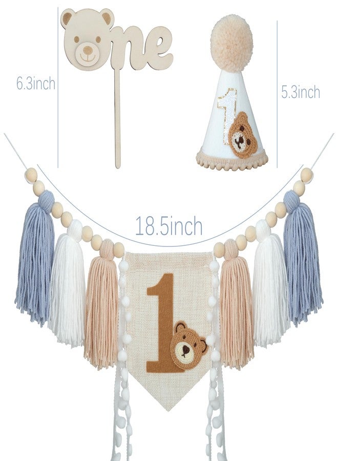 DCJHFJ Bear First Birthday Blue High Chair Banner Decorations Baby Boy With 1st Birthday Hat One Cake Topper For 1st Birthday Party Decor - Image 4