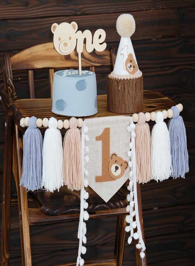 DCJHFJ Bear First Birthday Blue High Chair Banner Decorations Baby Boy With 1st Birthday Hat One Cake Topper For 1st Birthday Party Decor - Image 2