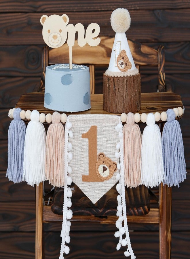 DCJHFJ Bear First Birthday Blue High Chair Banner Decorations Baby Boy With 1st Birthday Hat One Cake Topper For 1st Birthday Party Decor - Image 1