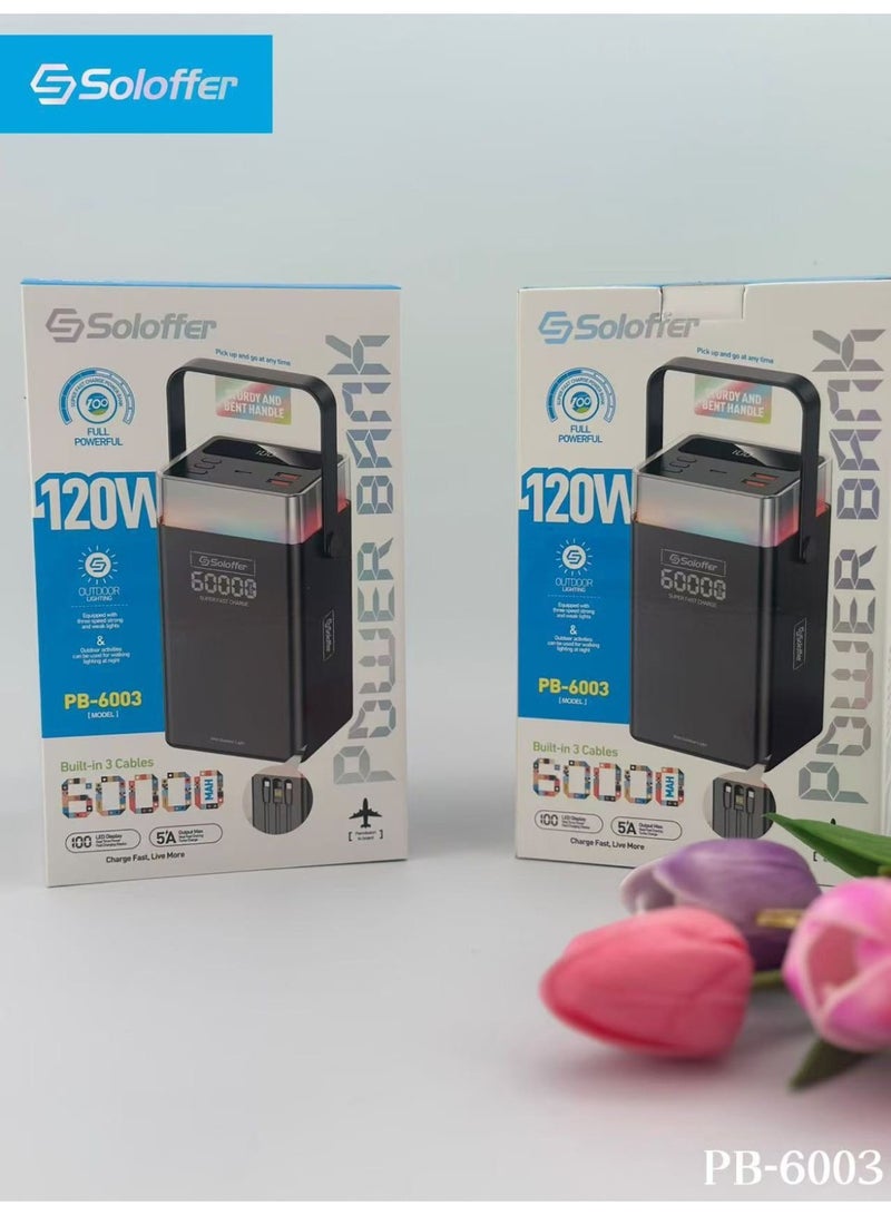 PB-6003 120W 60000mAh Power Bank with 3 Built-In Cables, LED Display Super Fast Charging - Sturdy & Bent Handle