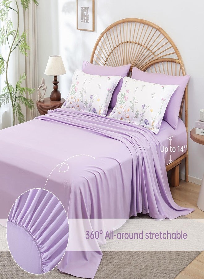 Yiran Purple Watercolour Floral Comforter Set Queen Size, 7 Piece Cute Botanical Lavender Comforter Bedding Set, Bed in a Bag Queen, Soft Microfiber Complete Bedding Set with Sheets for All Season - Image 5