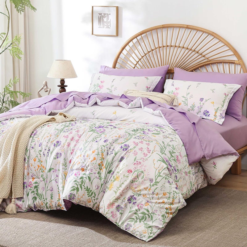 Yiran Purple Watercolour Floral Comforter Set Queen Size, 7 Piece Cute Botanical Lavender Comforter Bedding Set, Bed in a Bag Queen, Soft Microfiber Complete Bedding Set with Sheets for All Season - Image 1