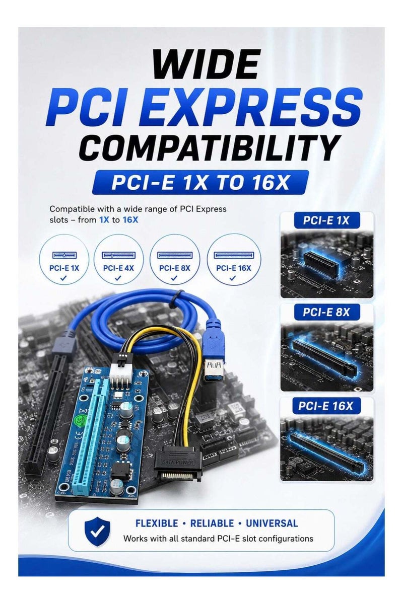 بطاقة رفع PCIe Express محول PCI-E من 1X إلى 16X مع كابل USB 3.0 وطاقة SATA | ملحق GPU عالي السرعة لتعدين البيتكوين، أجهزة التعدين وأجهزة الكمبيوتر المكتبية - Image 4