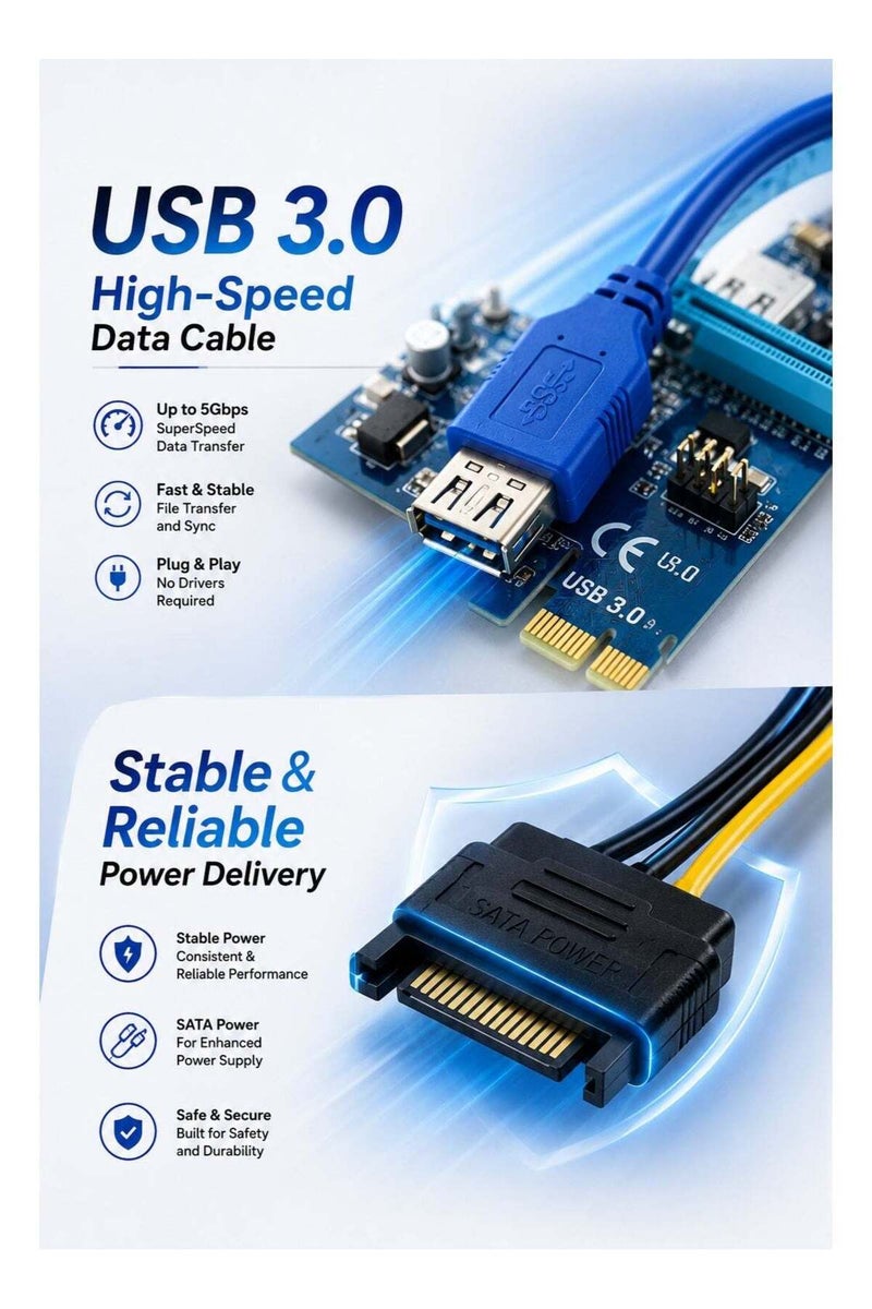 بطاقة رفع PCIe Express محول PCI-E من 1X إلى 16X مع كابل USB 3.0 وطاقة SATA | ملحق GPU عالي السرعة لتعدين البيتكوين، أجهزة التعدين وأجهزة الكمبيوتر المكتبية - Image 2
