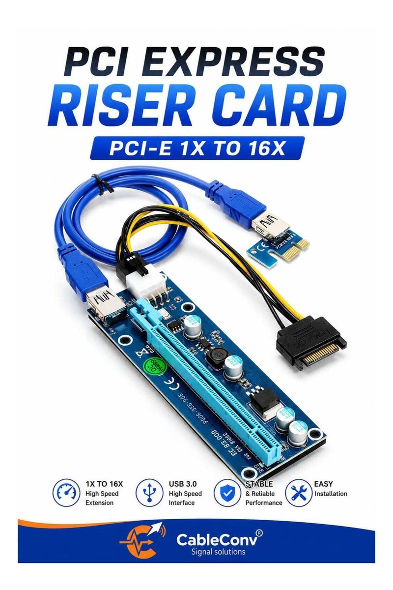بطاقة رفع PCIe Express محول PCI-E من 1X إلى 16X مع كابل USB 3.0 وطاقة SATA | ملحق GPU عالي السرعة لتعدين البيتكوين، أجهزة التعدين وأجهزة الكمبيوتر المكتبية - Image 1