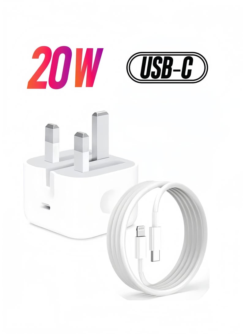 Lee Yon iPhone 20W Fast Charger USB C Wall Fast Charger with 1m USB C to Lightning Cable Compatible with iPhone 14/14 Pro/14 Pro Max/13/12/SE2020/11/XR/XS Max/X/iPad, White - Image 1