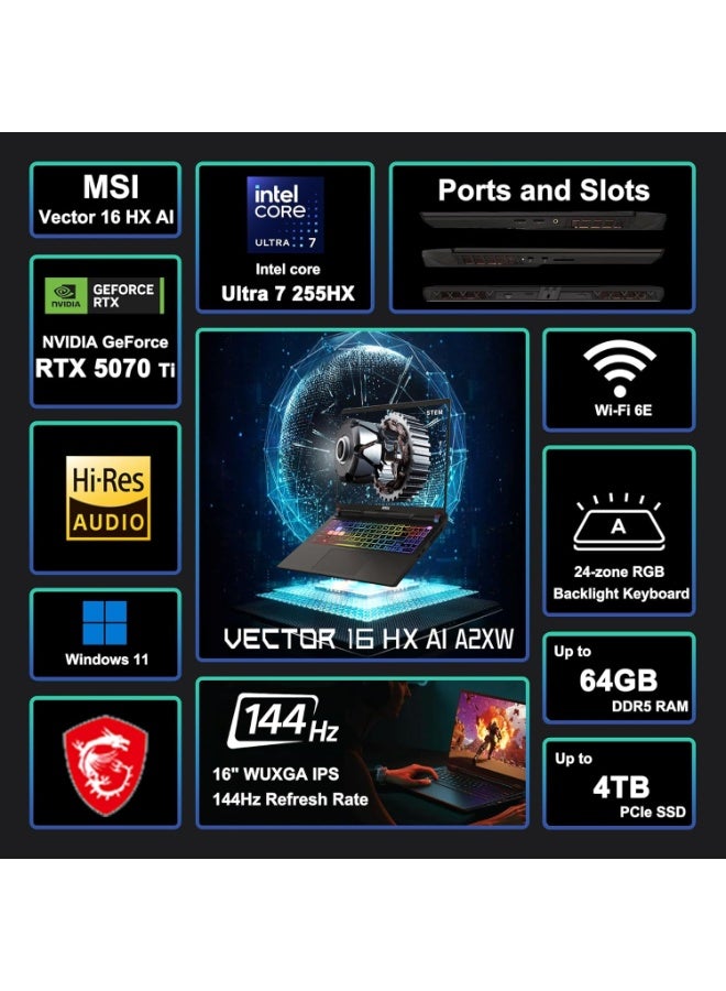 MSI Vector 16 HX AI 16” 144Hz FHD+ Gaming Laptop: Intel Core Ultra 7-255HX, NVIDIA Geforce RTX 5070Ti, 32GB DDR5, 2TB NVMe SSD, Thunderbolt 5, Wi-Fi 6E, Win 11 Home: Cosmo Gray A2XWHG-275US English Cosmo Gray - Image 3