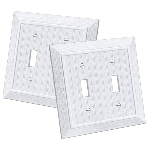 CML Hardware CML Classic Double Toggle Light Switch Wall Plate, 2-Gang Outlet Covers, Vintage Retro Wood Grain Design, Standard Size 4.95”X 4.87”, Impact Resistant, 2-Pack, White - Image 1