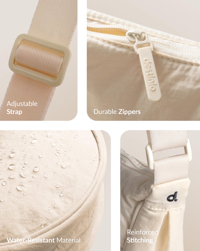 Destinio crossbody bags for women and men - slim & stylish, luxury Nylon fabric, branded zippers - small side half moon sling bag & waist bag, Unisex chest bag (Cream, Half Moon Sling) - Image 4