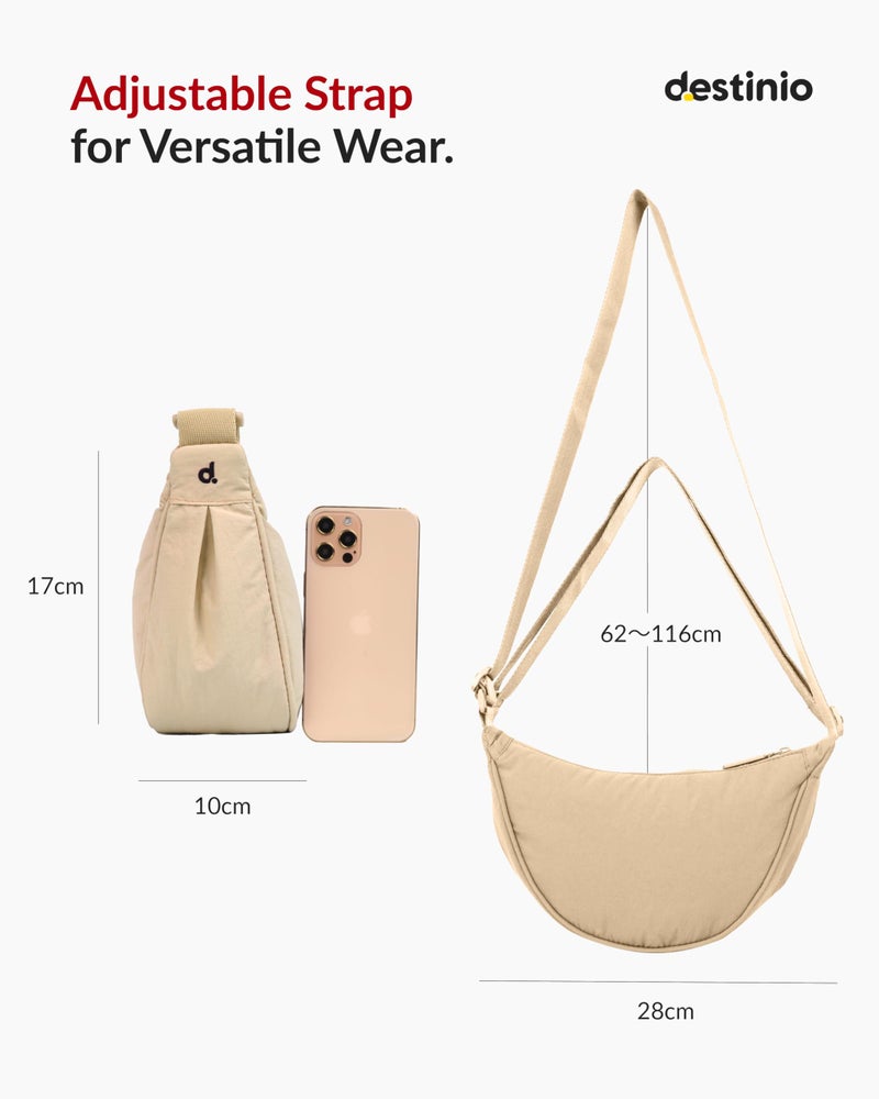 Destinio crossbody bags for women and men - slim & stylish, luxury Nylon fabric, branded zippers - small side half moon sling bag & waist bag, Unisex chest bag (Cream, Half Moon Sling) - Image 5
