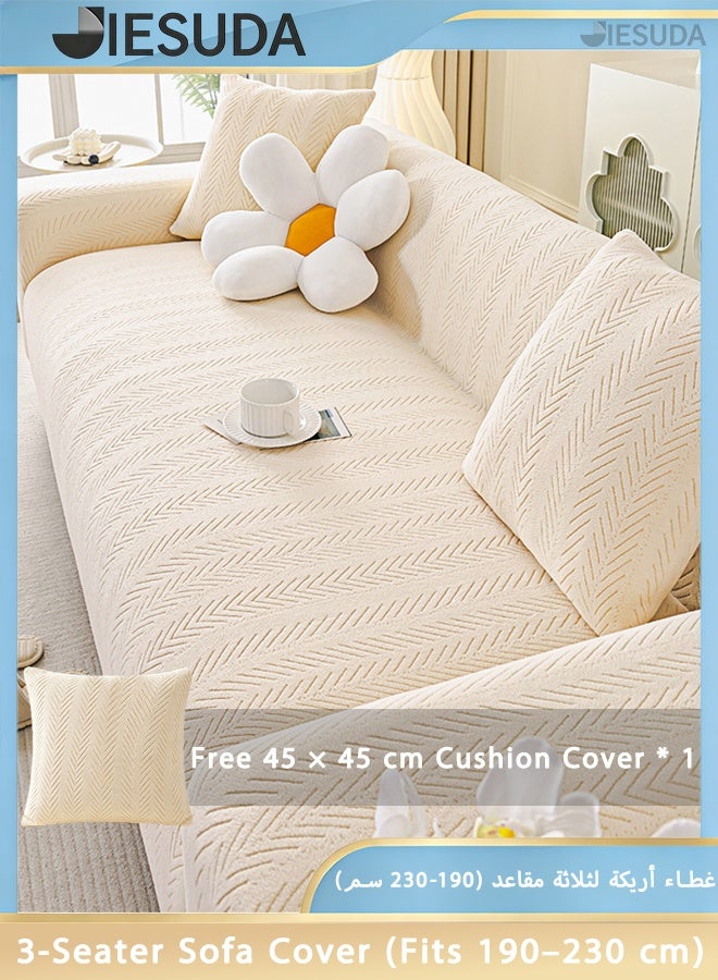 JieSuDa Polar Fleece 3 Seater Sofa Slipcover Full Coverage Stretch Couch Cover With Cream White Herringbone Pattern For 190-230 cm Sofa With 45x45 cm Matching Cushion Cover - Image 1