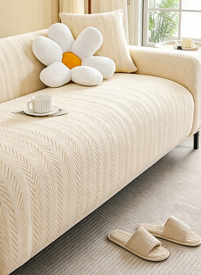 JieSuDa Polar Fleece 3 Seater Sofa Slipcover Full Coverage Stretch Couch Cover With Cream White Herringbone Pattern For 190-230 cm Sofa With 45x45 cm Matching Cushion Cover - Image 2
