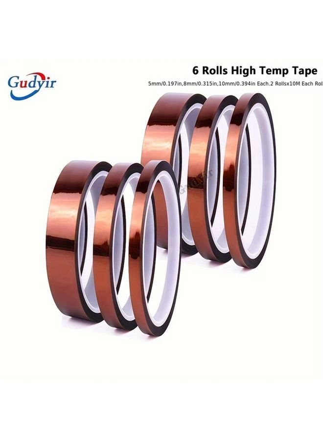 6pcs High Temp Polyimide Tape Heat Resistant 5mm 8mm 10mm x 10m Electrical Insulation - Image 1