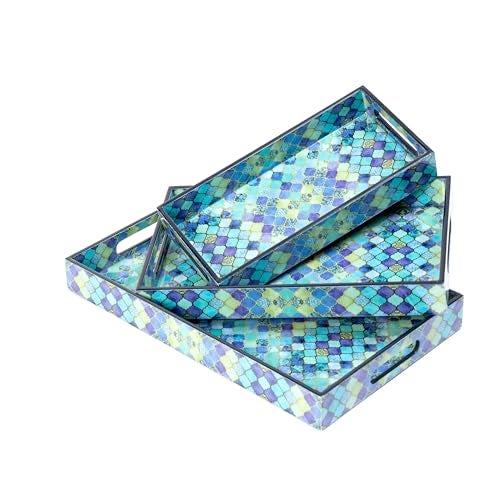 DULI Set of 3 Waterproof Lacquer Coated Wooden Trays – Geometric Abstract Design, Multipurpose MDF Serving Tray Set with Handles (16x10, 14x8, 12x6 Inches) (PremiumSetof3- Geometric) - Image 4