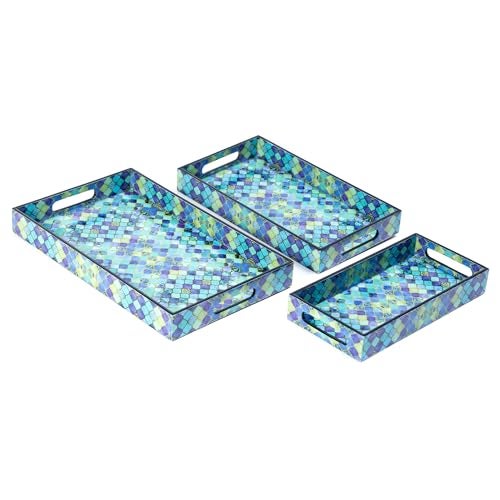 DULI Set of 3 Waterproof Lacquer Coated Wooden Trays – Geometric Abstract Design, Multipurpose MDF Serving Tray Set with Handles (16x10, 14x8, 12x6 Inches) (PremiumSetof3- Geometric) - Image 3