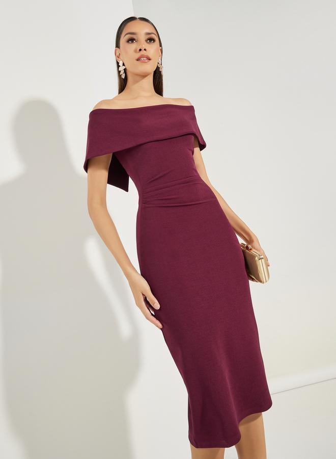 ستايلي فستان ميدي ضيق بياقة مكشوفة وكتف واحد سادة - Image 2