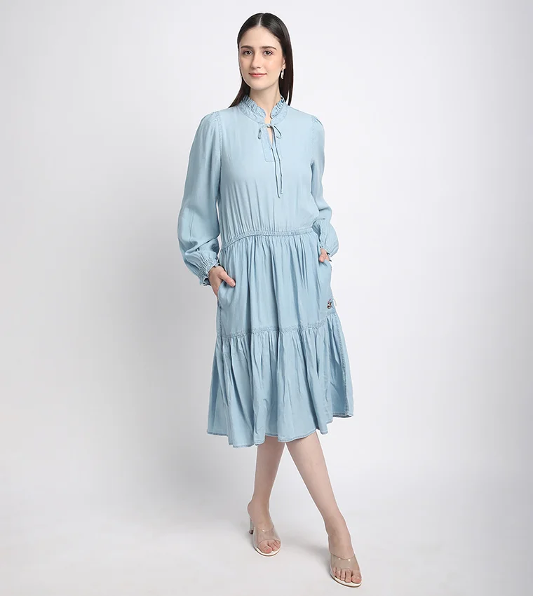 BEVERLY HILLS POLO CLUB Beverly Hills Polo Club Tie-Up Neck Tiered Denim Dress