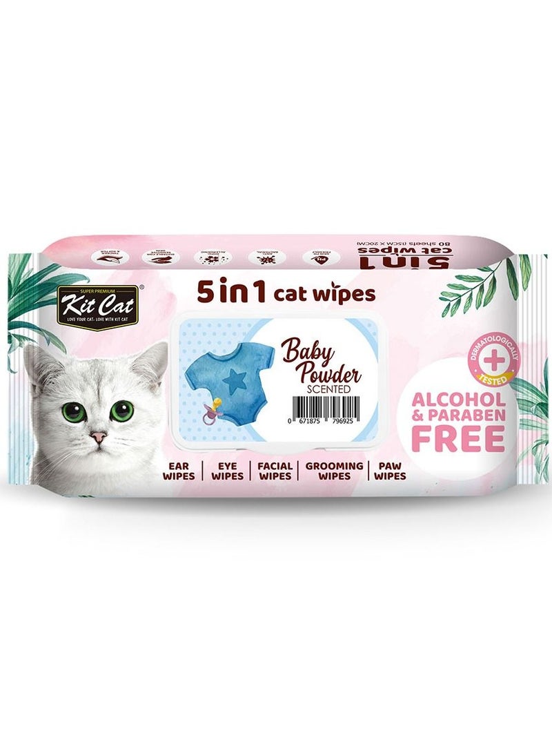 Kit Cat 5 in 1 Cat Wipes Baby Powder Scented 80 Sheets - Image 1