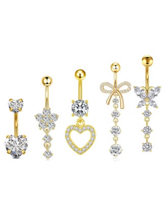 5 قطع من حلقات ثقب البطن الذهبية المصنوعة من الفولاذ المقاوم للصدأ، حلقات السرة المتدلية الطويلة، مجموعة مجوهرات ثقب الجسم المثيرة المرصعة بحجر الراين، مجوهرات ثقب البطن للنساء والفتيات هدايا مجوهرات مثالية