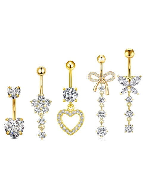 5 قطع من حلقات ثقب البطن الذهبية المصنوعة من الفولاذ المقاوم للصدأ، حلقات السرة المتدلية الطويلة، مجموعة مجوهرات ثقب الجسم المثيرة المرصعة بحجر الراين، مجوهرات ثقب البطن للنساء والفتيات هدايا مجوهرات مثالية