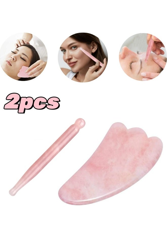 Generic 2pcs Gua Sha Board Rose Quartz Eye Cream Applicator, Eye Massage Wand, Acupuncture Pen Face Point Treatment Relaxing Gua Sha Scraping Therapy Tool Women for Facial Massager  - Image 1