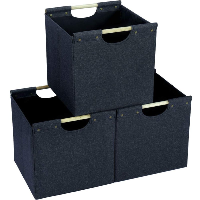 HOONEX Collapsible Storage Bins 13x13x13in Storage Cubes Linen Fabric 3 Pack Storage Baskets with Wooden Carry Handles and Sturdy Heavy Cardboard for Home Office Car Nursery Dark Grey