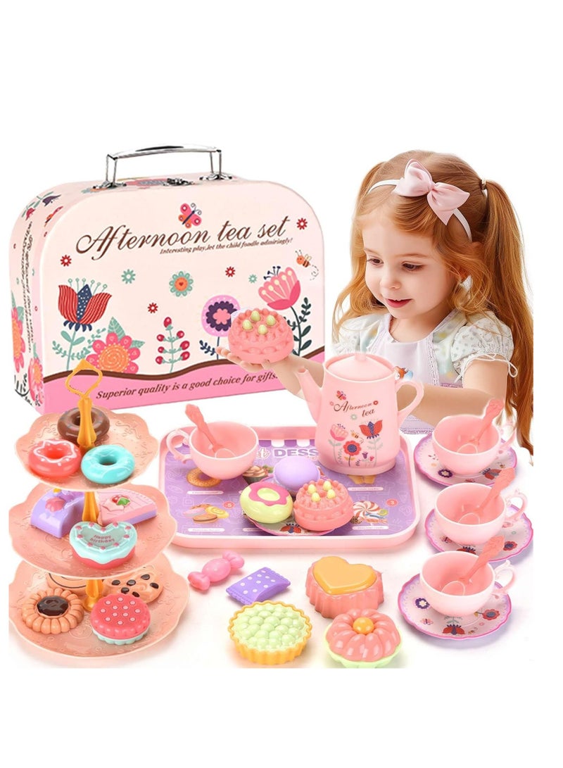 She&Little 46PCS Tea Set for Little Girls with Desserts and Tray, Princess Pretend Play Kitchen Toys with Carrying Case, Role Play Gift for Girls Age 3 Plus 