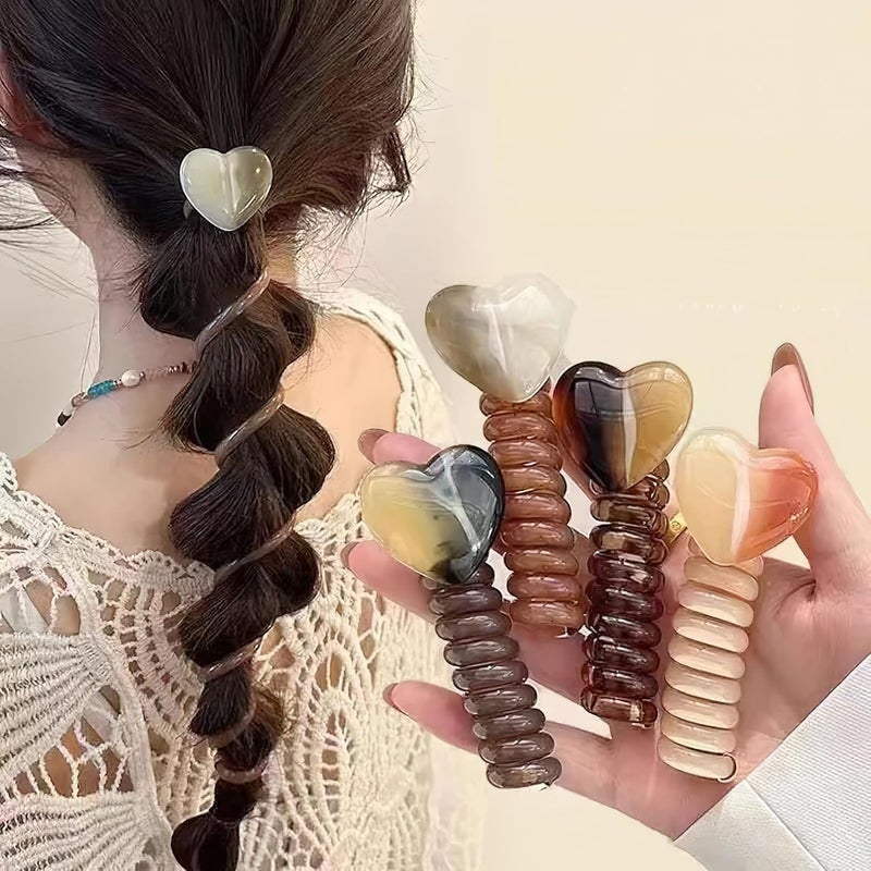 4Pcs Heart Elastic Colorful Spiral Telephone Line Wire Hair Ties Band Ponytails Scrunchies for Women Girls Elastic Love Head Band Wedding Birthday Party Daily Hair Accessories