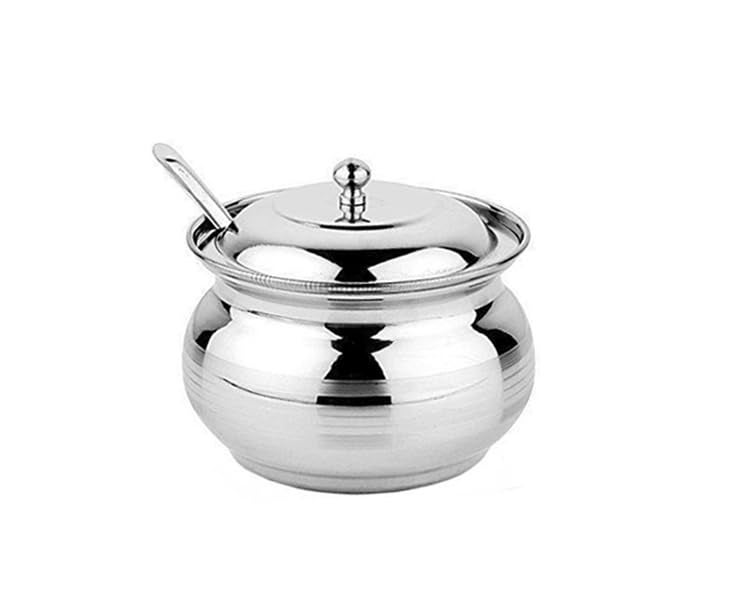 Copper Crafts Stainless Steel Ghee Pot with Spoon Tea and Sugar Pot Serving Silver Pot Set of 3 - Image 2