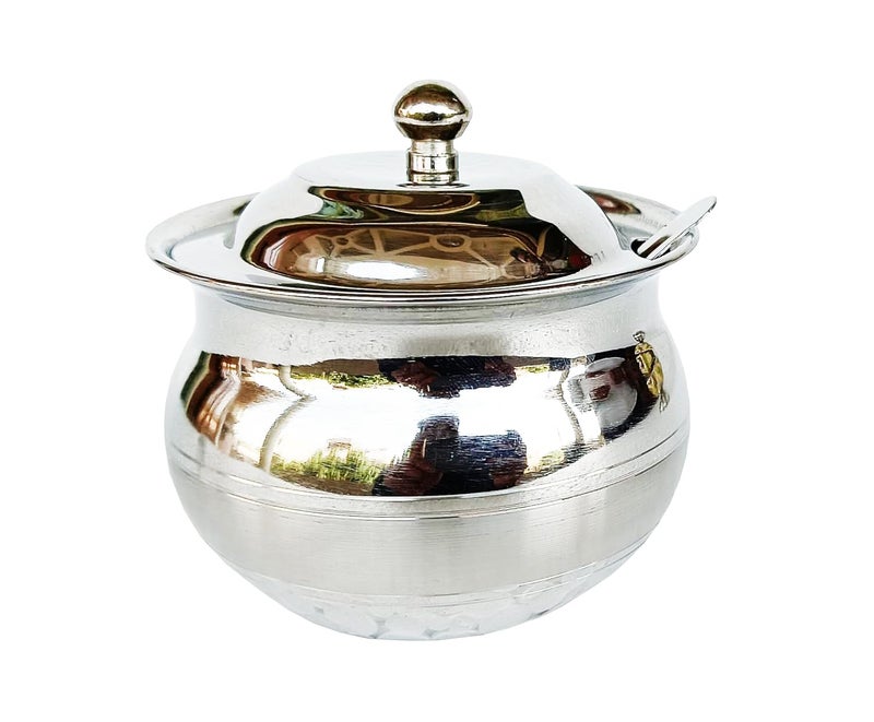 Copper Crafts Stainless Steel Ghee Pot with Spoon Tea and Sugar Pot Serving Silver Pot Set of 3 - Image 5