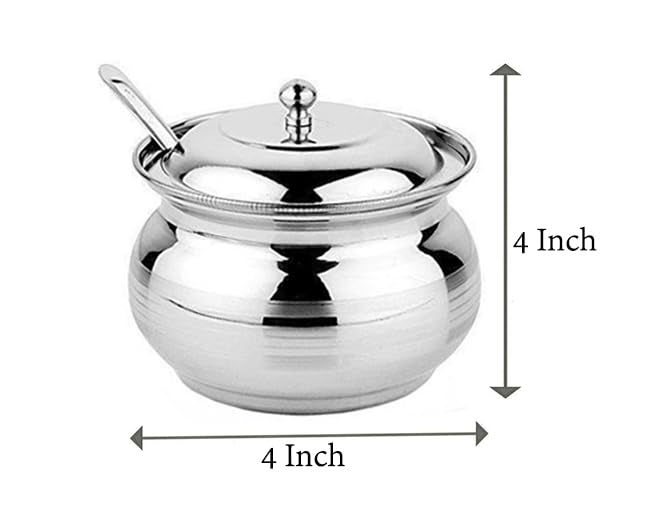 Copper Crafts Stainless Steel Ghee Pot with Spoon Tea and Sugar Pot Serving Silver Pot Set of 3 - Image 3