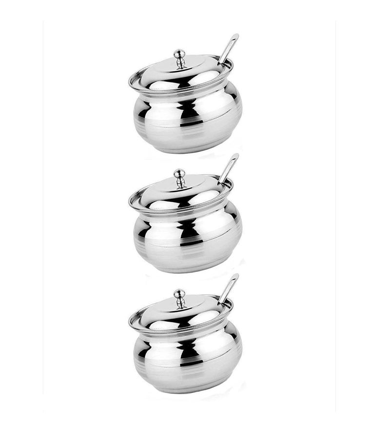 Copper Crafts Stainless Steel Ghee Pot with Spoon Tea and Sugar Pot Serving Silver Pot Set of 3 - Image 4