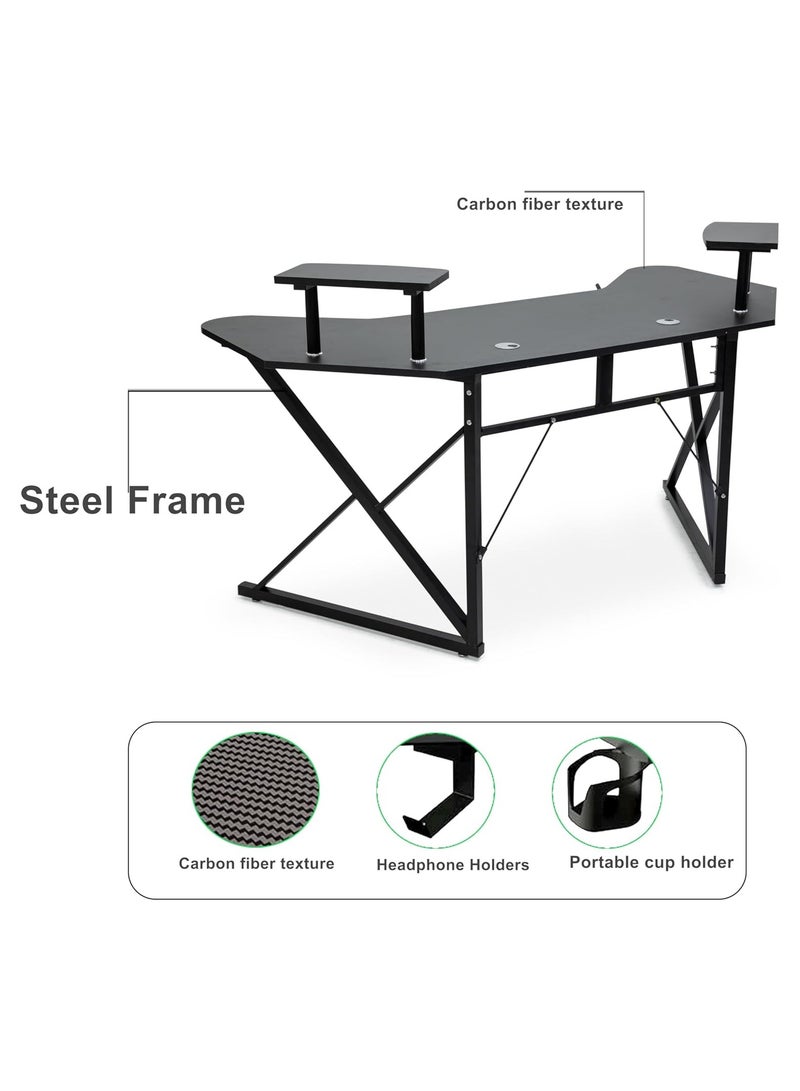 KARNAK L-Shaped Gaming Desk BLACK 160x60x76cm – Ergonomic Carbon Fiber Desk with Steel Frame - Image 3
