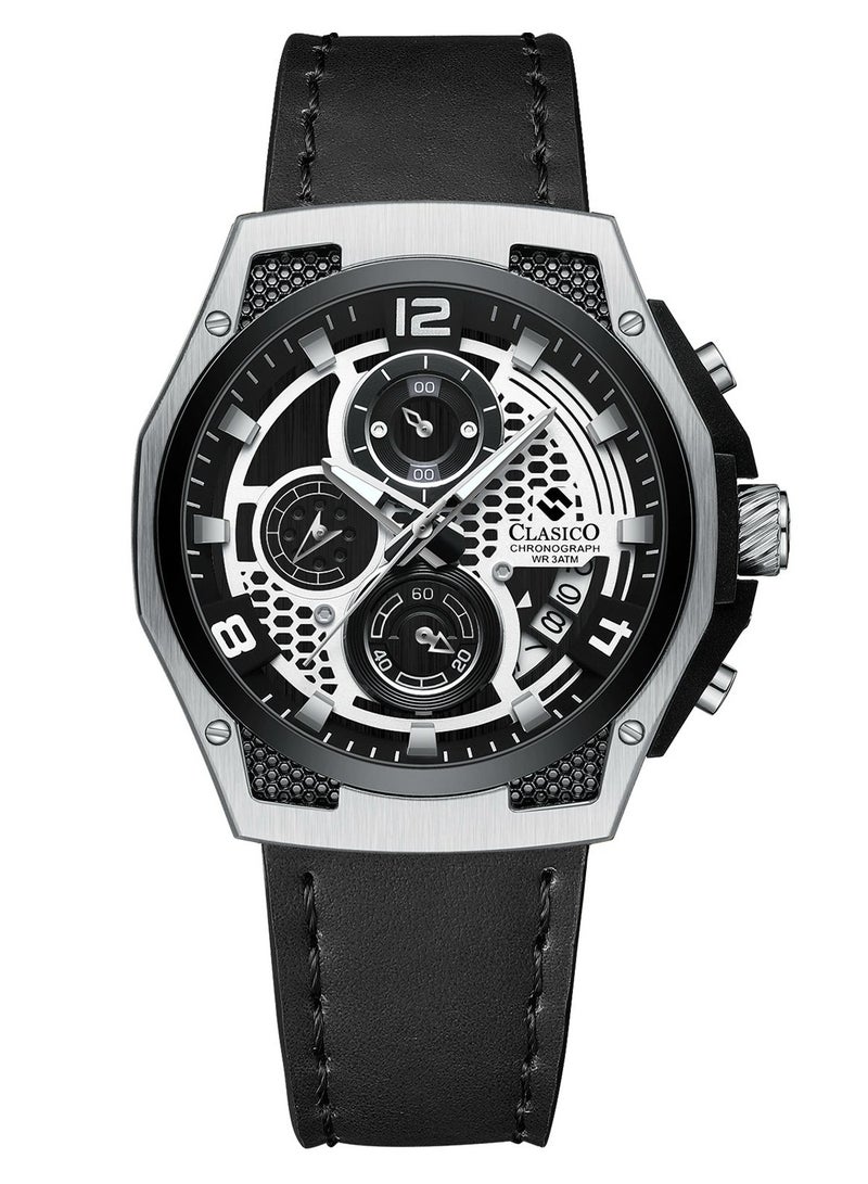 Clasico Raptor 6-Hands Chronograph Watch – Silver & Black Edition with Genuine Leather Strap – Elite Y121 Calibre Movement – Waterproof Design - Image 1