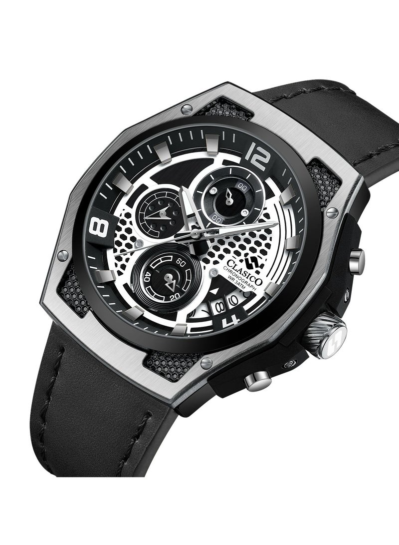 Clasico Raptor 6-Hands Chronograph Watch – Silver & Black Edition with Genuine Leather Strap – Elite Y121 Calibre Movement – Waterproof Design - Image 2