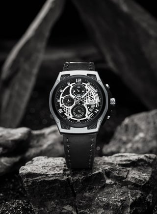 Raptor 6-Hands Chronograph Watch – Silver & Black Edition with Genuine Leather Strap – Elite Y121 Calibre Movement – Waterproof Design - view 3