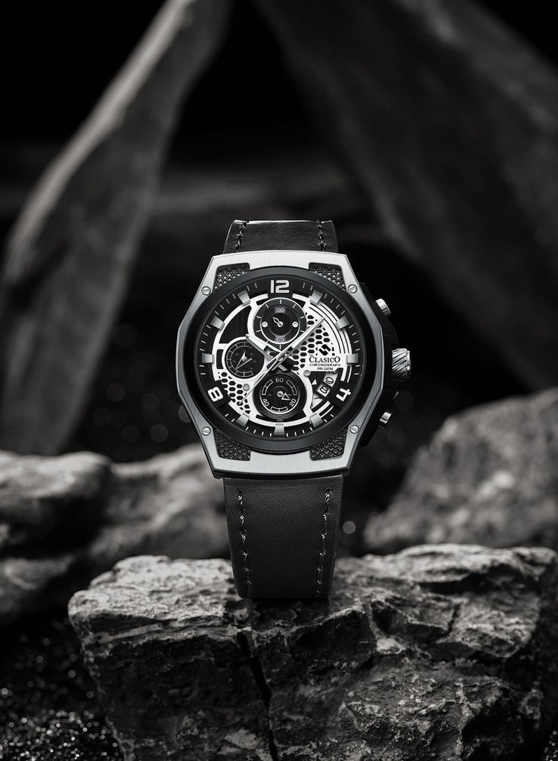 Clasico Raptor 6-Hands Chronograph Watch – Silver & Black Edition with Genuine Leather Strap – Elite Y121 Calibre Movement – Waterproof Design - Image 3