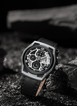 Raptor 6-Hands Chronograph Watch – Silver & Black Edition with Genuine Leather Strap – Elite Y121 Calibre Movement – Waterproof Design - view 4
