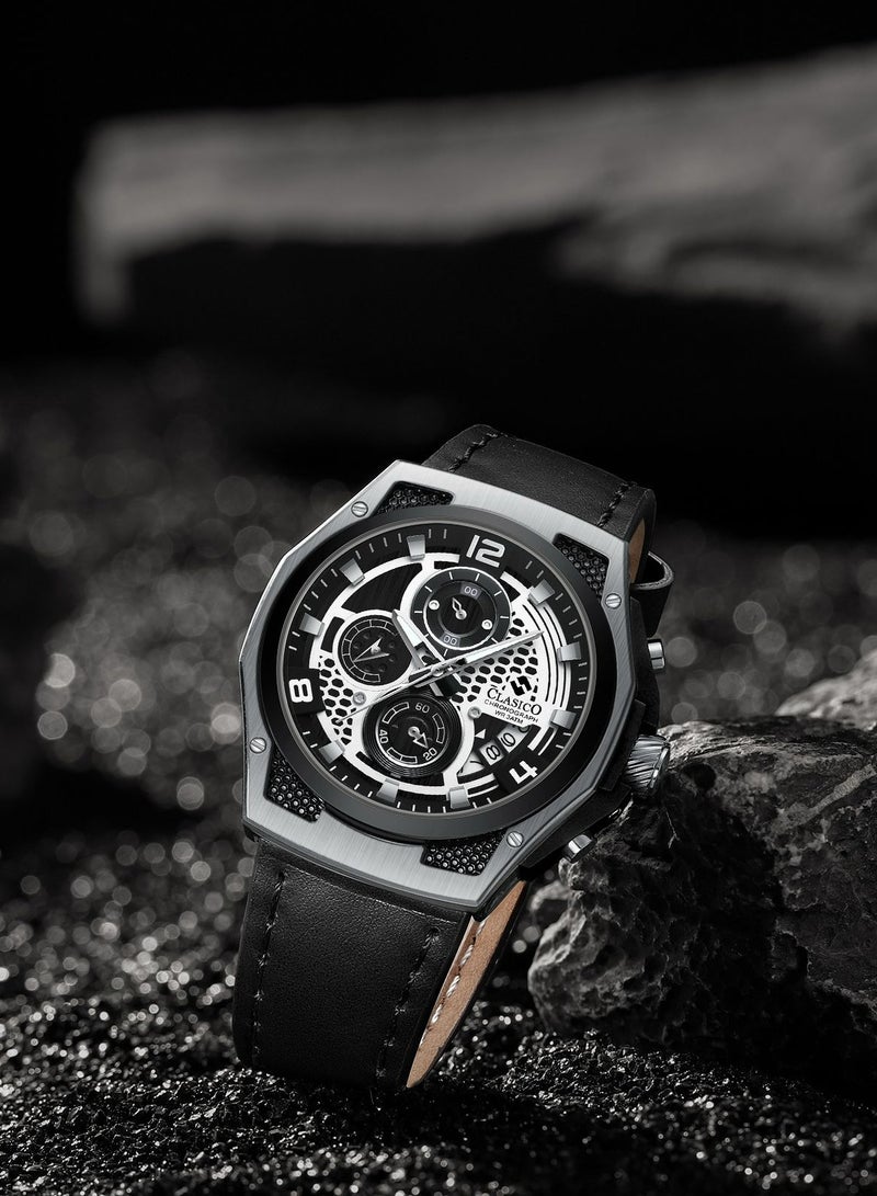 Clasico Raptor 6-Hands Chronograph Watch – Silver & Black Edition with Genuine Leather Strap – Elite Y121 Calibre Movement – Waterproof Design - Image 4