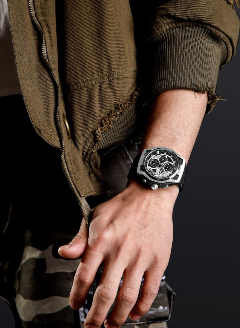 Clasico Raptor 6-Hands Chronograph Watch – Silver & Black Edition with Genuine Leather Strap – Elite Y121 Calibre Movement – Waterproof Design - Image 5
