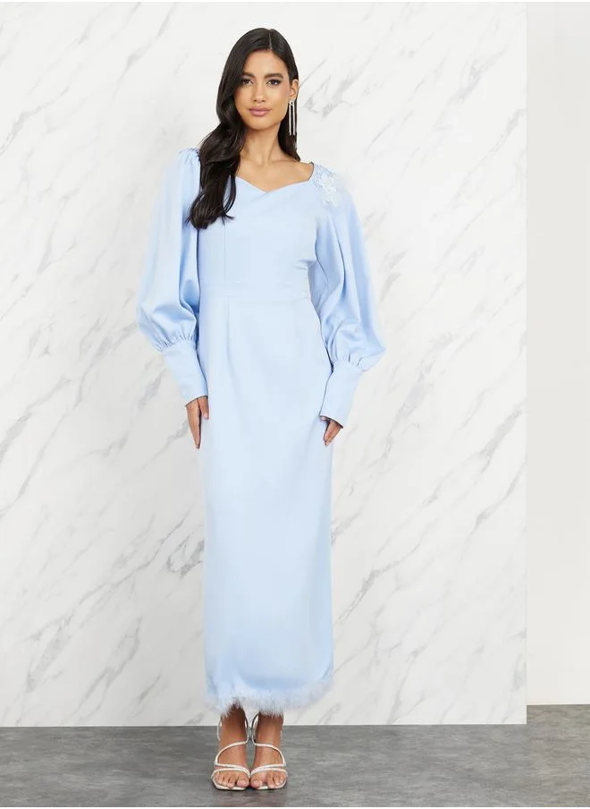 Styli Floral Applique Faux Feather Trim Sweetheart Neck A-Line Maxi Dress