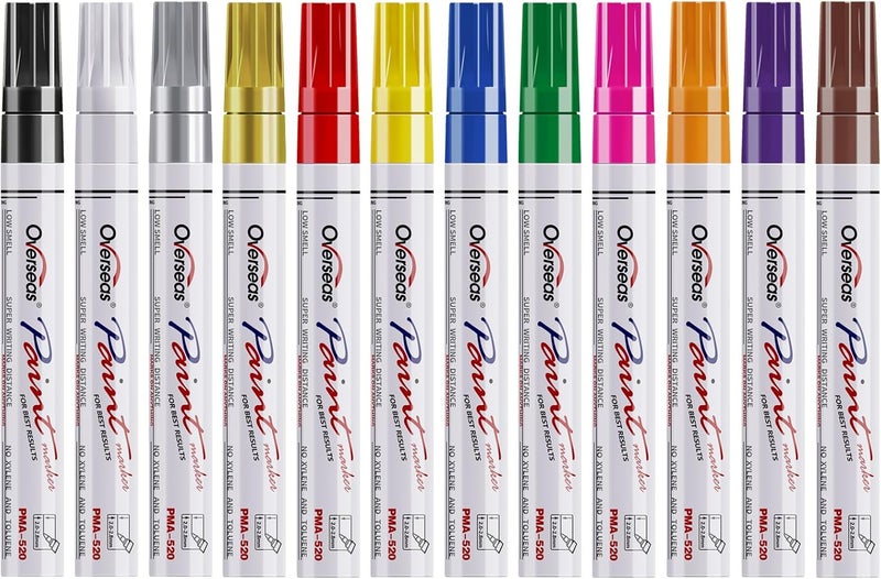 Overseas Paint Markers Pens, 12 Colors Painting Marker on Almost Anything, Quick Dry and Permanent, Oil-Based Paint Pens Set for Rock, Wood, Metal, Fabric, Plastic, Canvas, Glass, Rubber, DIY Craft - Image 1