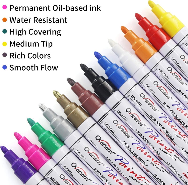 Overseas Paint Markers Pens, 12 Colors Painting Marker on Almost Anything, Quick Dry and Permanent, Oil-Based Paint Pens Set for Rock, Wood, Metal, Fabric, Plastic, Canvas, Glass, Rubber, DIY Craft - Image 2